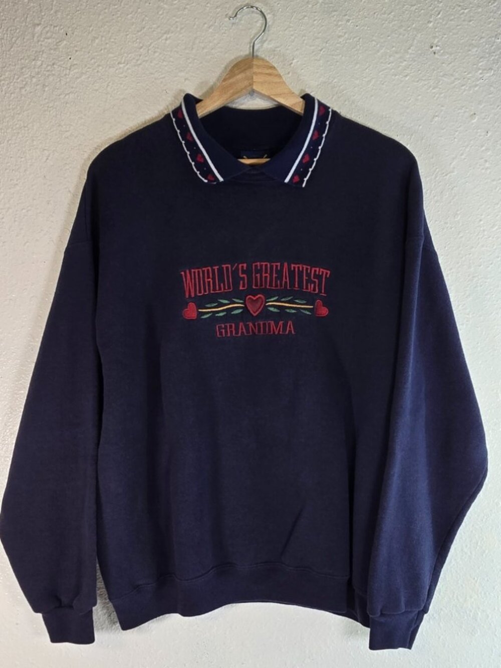 Vintage Grandmacore Embroidered Navy Blue Sweatshirt Double Collar Oarsman 913